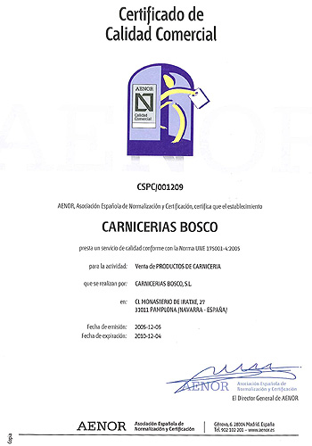 Certificado de calidad Carnicería Bosco II