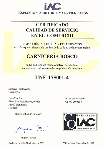 Certificado de calidad Carnicería Bosco