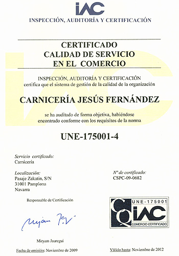 Certificado de calidad Carnicería J.Fernandez